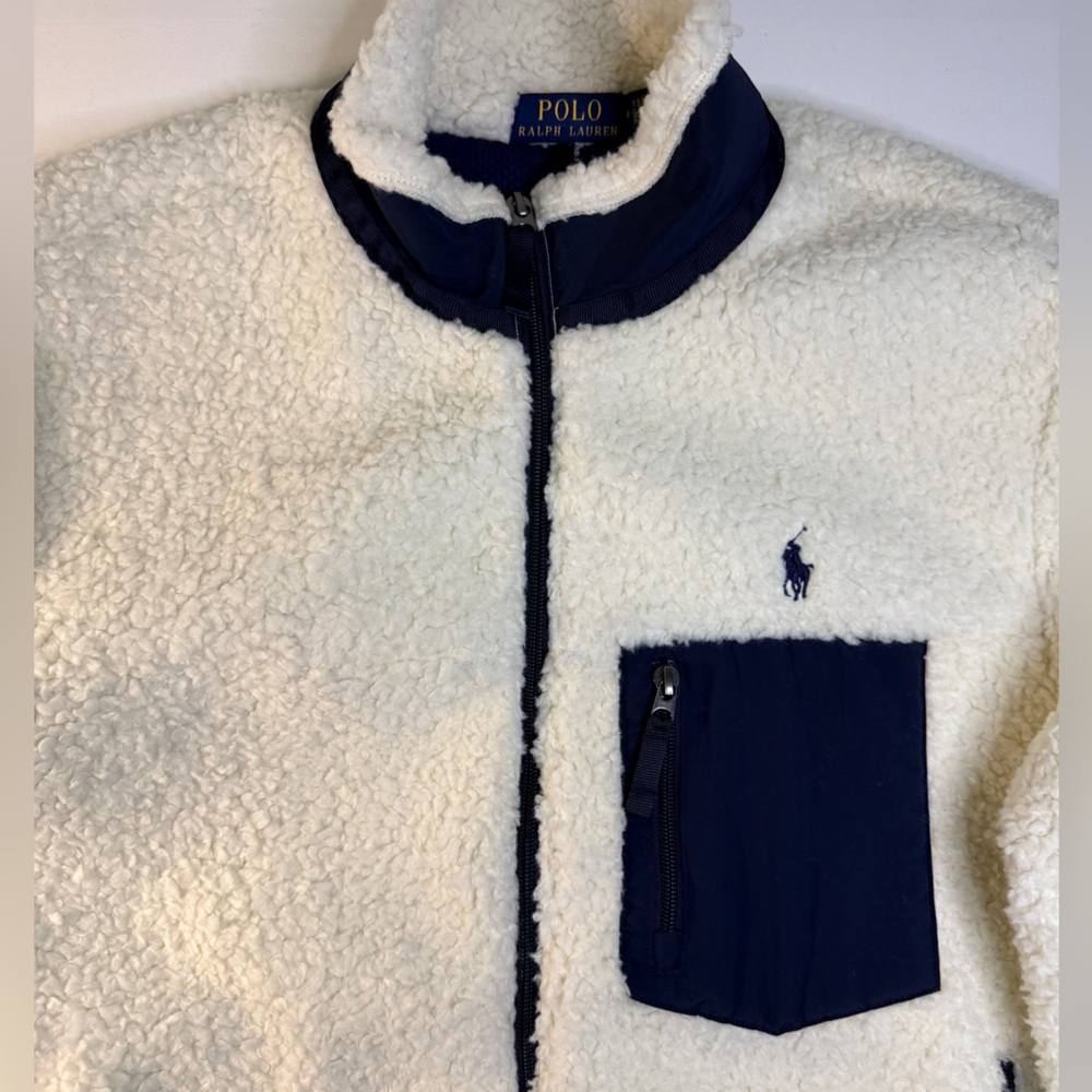 Ralph Lauren Men's Cream and Navy Pile Fleece Hybrid Jacket - Picture 6 of 13